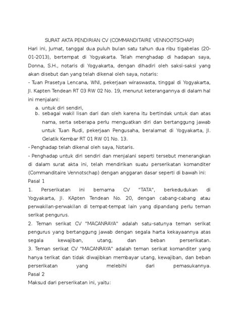 Peranan curriculum vitae atau cv sangatlah penting bagi yang ingin mengajukan lamaran pekerjaan, tak jarang biasanya beberapa. Akta Pendirian CV.doc