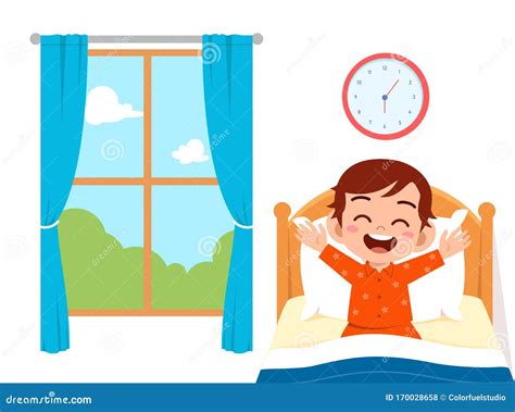 Happy Cute Little Kid Boy Wake Up In The Morning Stock Vector