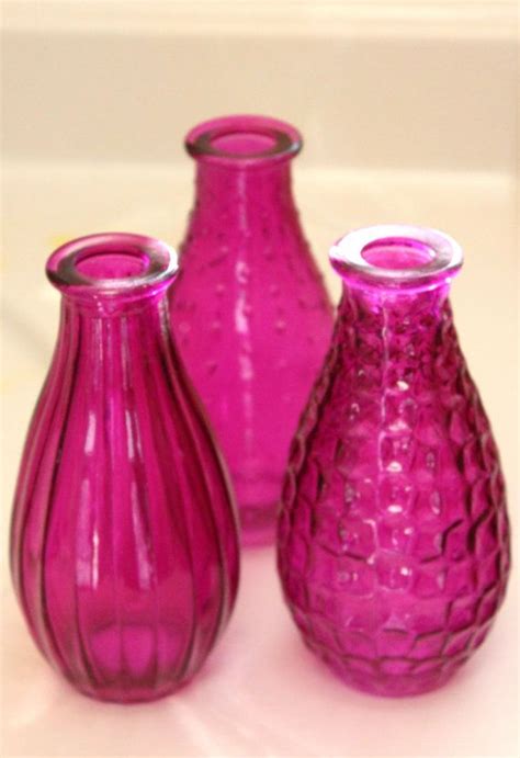 Set Of 4 Four Hot Pink Bottles Bud Vase Glass Vases Fuchsia Magenta Mini Ribbed Dotted Tinted