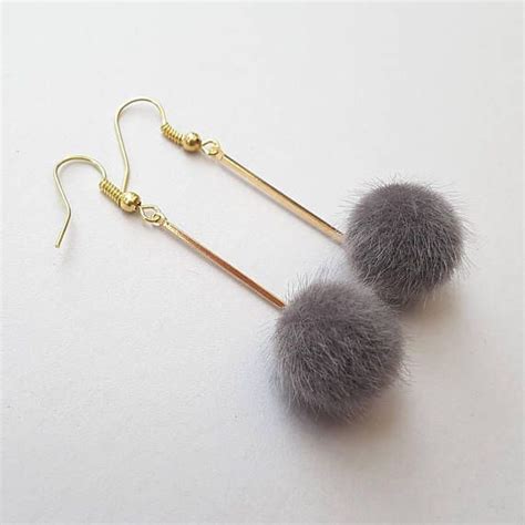 Pom Pom Earrings Gold Bar Drops Faux Fur Pompoms Plush Etsy