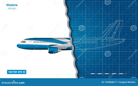Aircraft In Outline Style Blueprint Of Civil Plane Side View Of