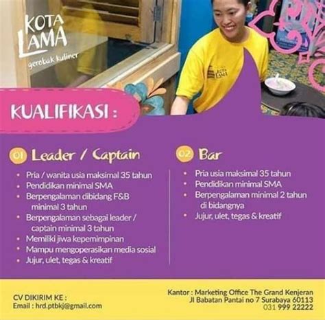 Lowongan kerja paruh waktu / part time terbaru juli 2021 temukan loker yang sesuai dengan lokasi, pendidikan dan minat anda. Lowongan Kerja Leader/Captain dan Barista di Gerobak ...