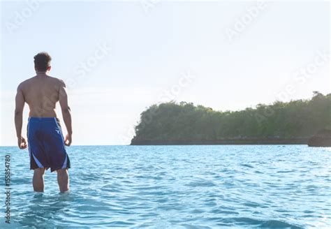 Man Beach Summer Vacation Young Guy Stand In Water Back Rear View Sea
