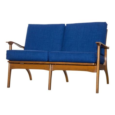1950s Mid Century Modern Blue Upholstered Teak Loveseat Loveseat Mid