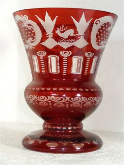 Gorgeous Egermann Bohemian Etched Stag Ruby Red Cut To Clear Large Vase Ebay