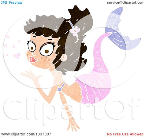Clipart Of A Textured Brunette White Mermaid Blowing A Kiss Royalty