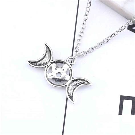 Silver Triple Goddess Pentagram Necklace Pagan Wicca Moon Pendant In
