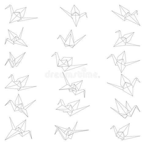 Set Of Origami Crane Vector Outline Dashed Illustration Isolated On