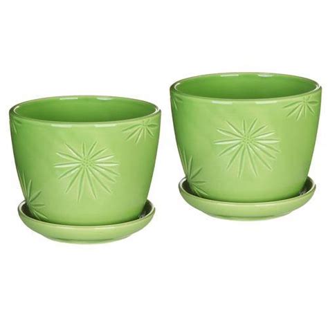 Green Daisy Design Ceramic Planter Pots Wattached Saucers Myt