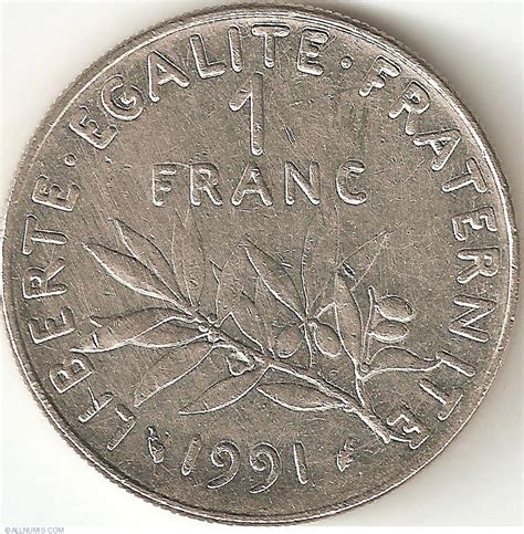 1 Franc 1991, Fifth Republic  francs (19862001)  France  Coin  9506