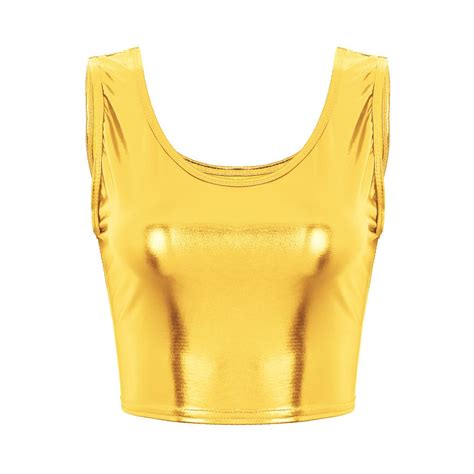 Buy Women Girls Dancing Clothing Shiny Metallic Scoop Neck Tank Crop