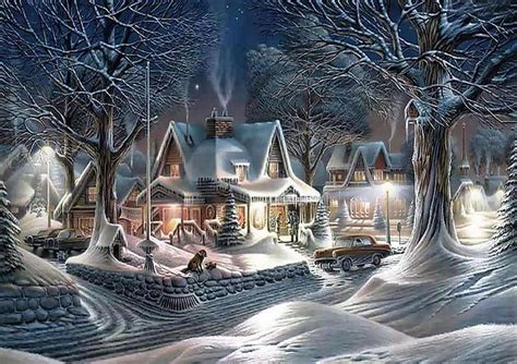 720p Free Download Winter Night Paintings Snow View Houses