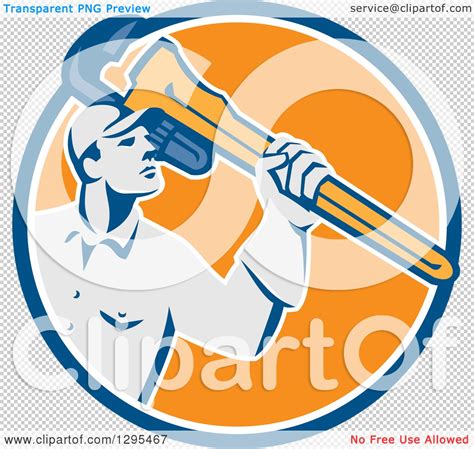 Clipart Of A Retro Male Plumber Holding A Giant Monkey Wrench In A Blue