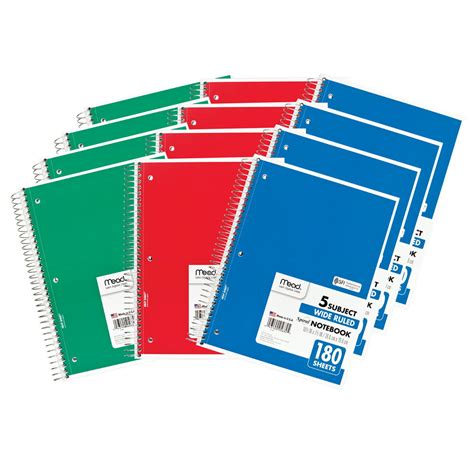 Mead Spiral Bound Notebook Wide Rule 5 Subject Assorted Colors