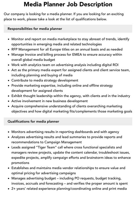 Media Planner Job Description Velvet Jobs