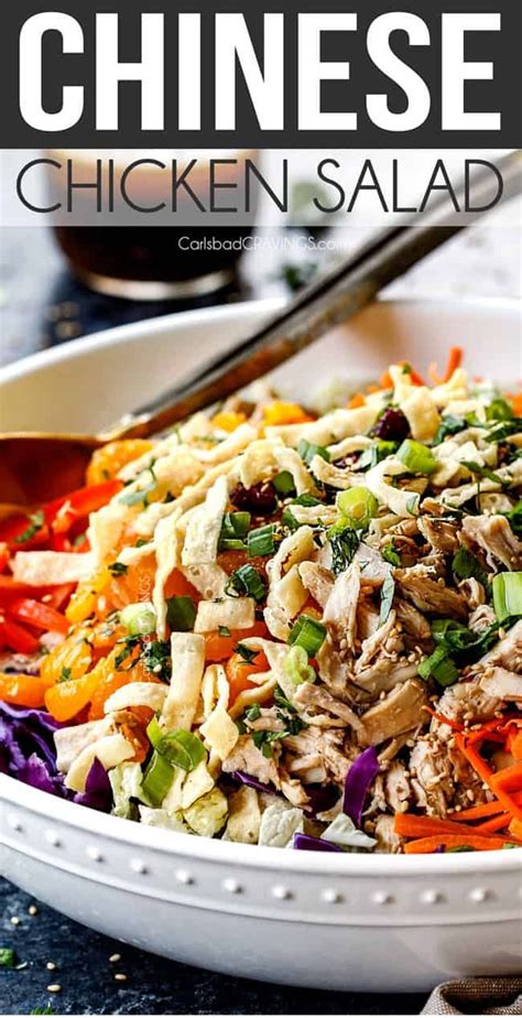 It's one of my absolute favorite salads, and every time i feel the need to eat a little. side view of healthy Chinese chicken salad with ramen noodles, mandarin oranges, peanuts napa ...