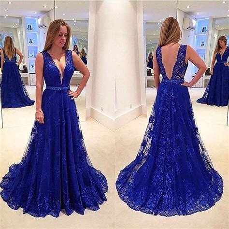 Sexy Backless Royal Blue V Neck Long Prom Dresses Evening Gowns Lf0120