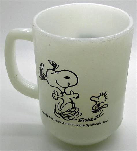 No chips cracks or breaks. Snoopy Fire King Anchor Hocking Milk Glass Coffe Mug Cup ...
