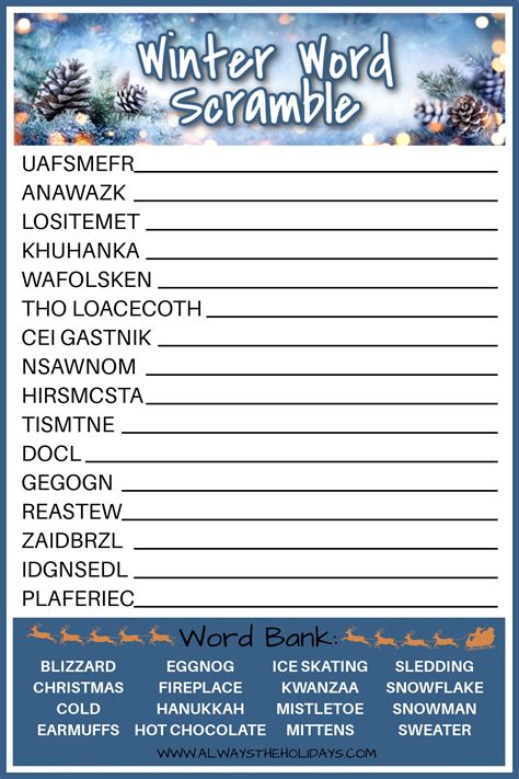 Free Winter Word Scramble Printable With Answer Key Included