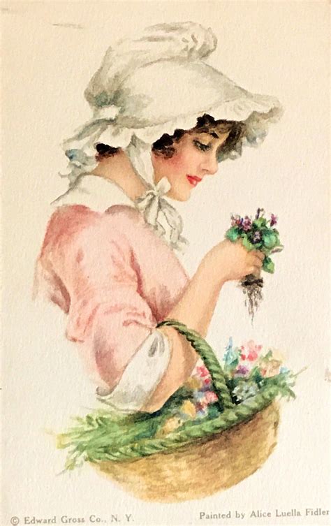 Antique 1900s Portrait Postcard Lovely Victorian Girl Portrait Basket Of Flowers Artist Alice