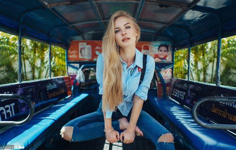 Women Blonde Sitting Shirt Pants Torn Jeans Victoria Pichkurova