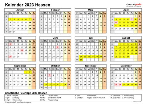 Kalender 2023 Hessen Ferien Feiertage Excel Vorlagen