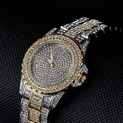 2 Tone Gold Silver Color Watch Simulated Diamond Watch Bust Down Hip H