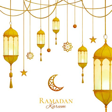 Ramadan Kareem Greeting Card Design With Watercolor Hanging Lanterns