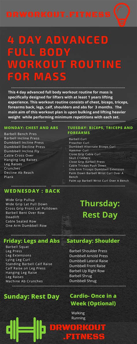 The ideal set up for a 4 day split is 2 days on, 1 day off, 2 days on, 2 days off. 4 Day Advanced Full Body Workout Routine for Mass ...