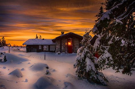 Winter Snow Trees Landscape Sunset Nature House Ate Norway