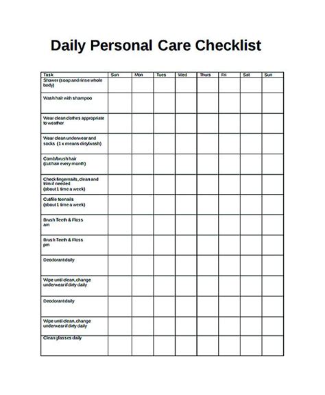 The Daily Personal Care Checklist Is Shown In Black And White As Well