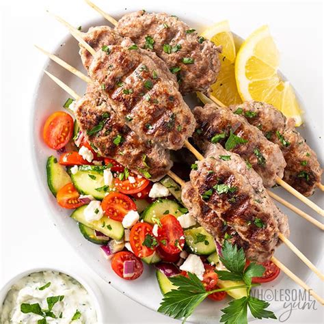 Lamb kofta with couscous and greek salad. Grilled Ground Lamb Kofta Kebab Recipe | Wholesome Yum