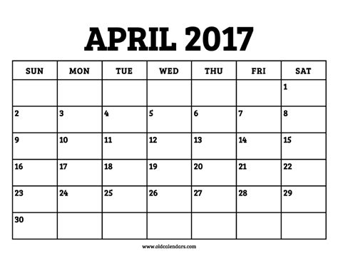 Calendar April 2017 Printable Old Calendars
