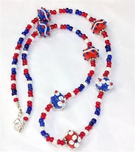 Patriotic Red White Blue Necklace Glass Bead Usa Independence Etsy