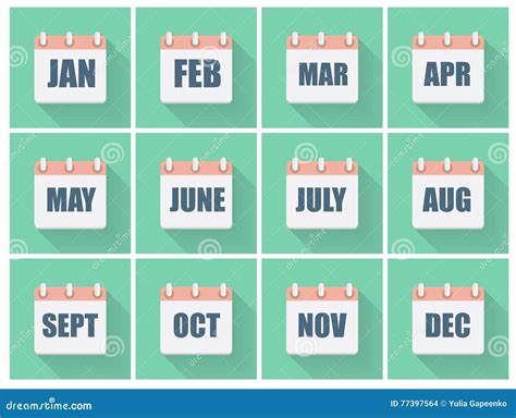 Month Dates Flat Icon Set With Long Shadow Vector Illustration Stock