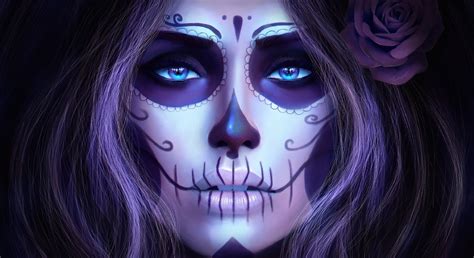 Wallpaper Face Women Artwork Purple Blue Sugar Skull Head