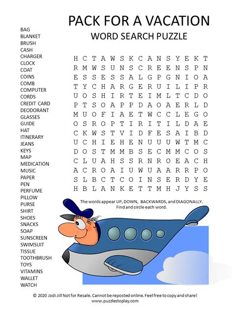 Vacation Puzzle And Activity Pages Printable Pdfs Vacation Packing Word Search Puzzle Puzzles