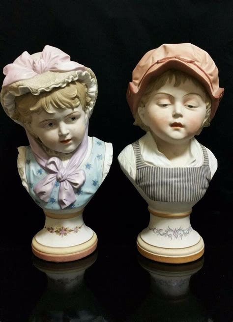 Vintage Antique Old Pair German Porcelain Bisque Victorian Busts