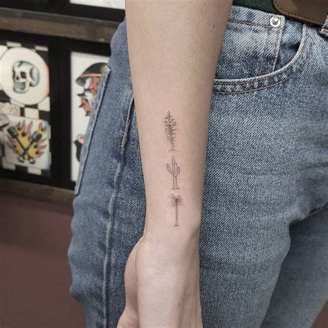 Single Needle Pine Tree Cactus And Palm Tree Tattoo