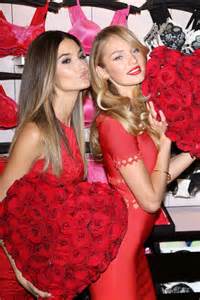 Lily Aldridge And Candice Swanepoel In Red Dress At Vs Angels
