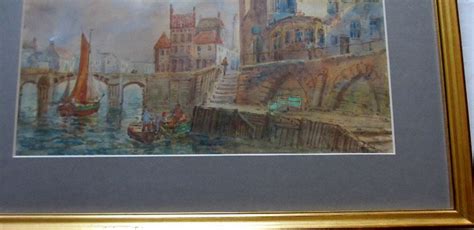 Whitby Harbour, watercolour and gouache on paper, signed E. Nevil, c1880.
