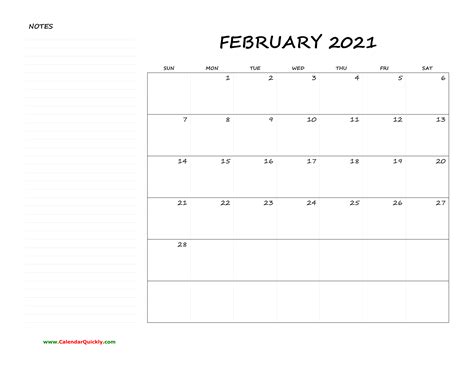 February Blank Calendar 2021 With Notes Calendar Quickly