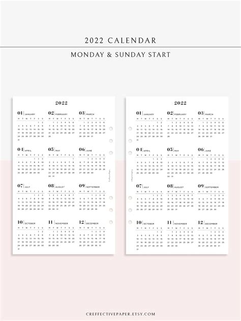 2022 Yearly Calendar Planner Inserts Printable Template Year Etsy
