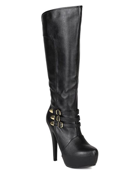 qupid bi47 women leatherette buckle knee high platform stiletto heel boot black want
