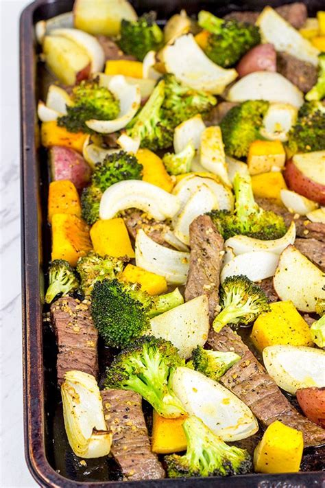 While the veggies are roasted heat a large skillet to a very high temp and season your ribeye steaks with salt and pepper to taste. Sheet Pan Steak and Roasted Veggies