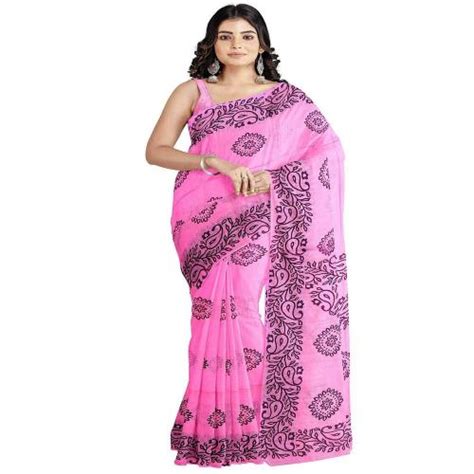 Buy Angoshobha Free Size Women Pink Floral Print Cotton Handloom Saree