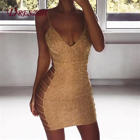 Gold Deep V Neck Spaghetti Strap Sexy Summer Women Dress Sleeveless