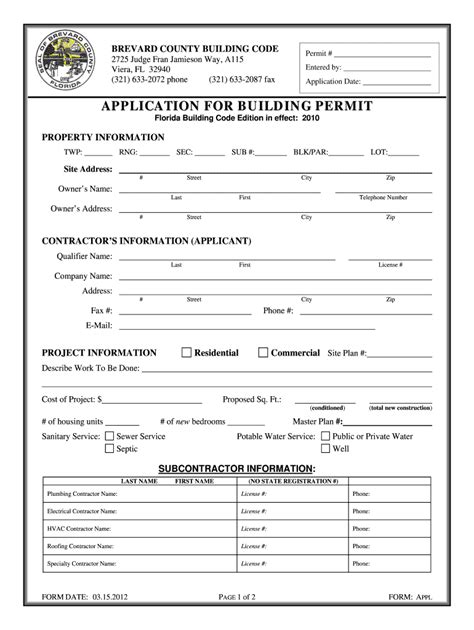 2012 Form Fl Building Permit Application Brevard County Fill Online