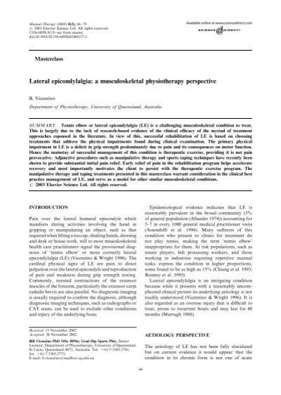 Lateral Epicondylalgia A Musculoskeletal Physiotherapy Perspective