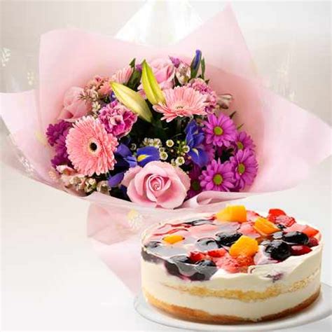 Bright Flower Bouquet With Cake Birthday Cake Flower Arrangement
